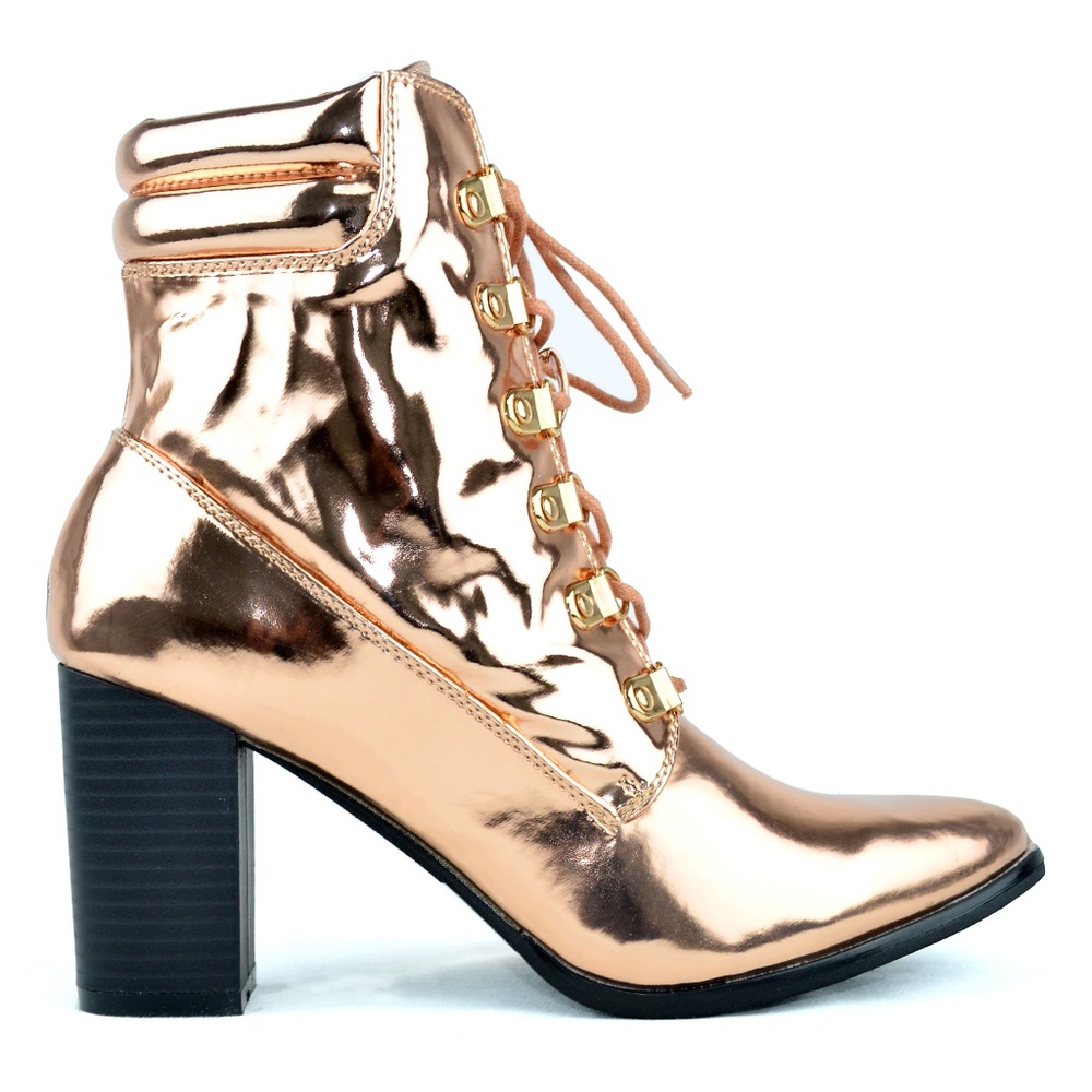 Rose Gold Chunky Heel Lace Up Pointy Toe Bootie